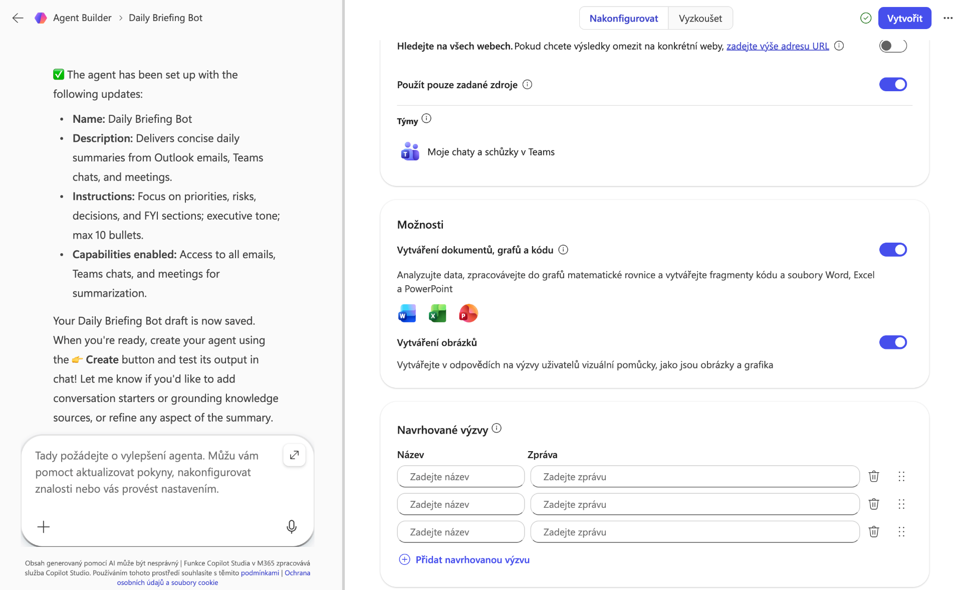Agent v Copilotu mi prochází komunikaci v Teams a Outlook, připravuje mi ranní briefing